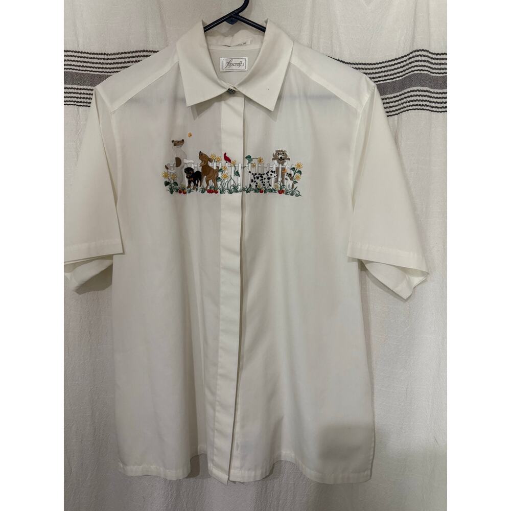 FoxCroft dog embroidered grandma core short sleeve button up blouse womens 14 L